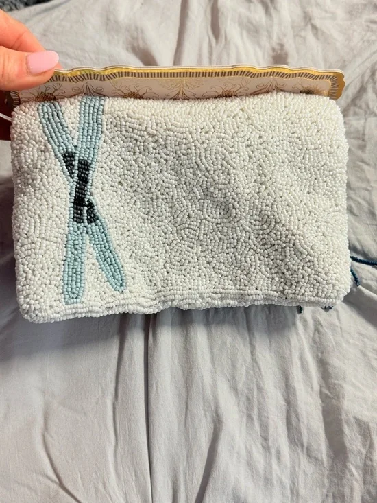 Hand Beaded Viral Ski Motif Clutch — White with Multi Colored Skis - Picture 3 of 7